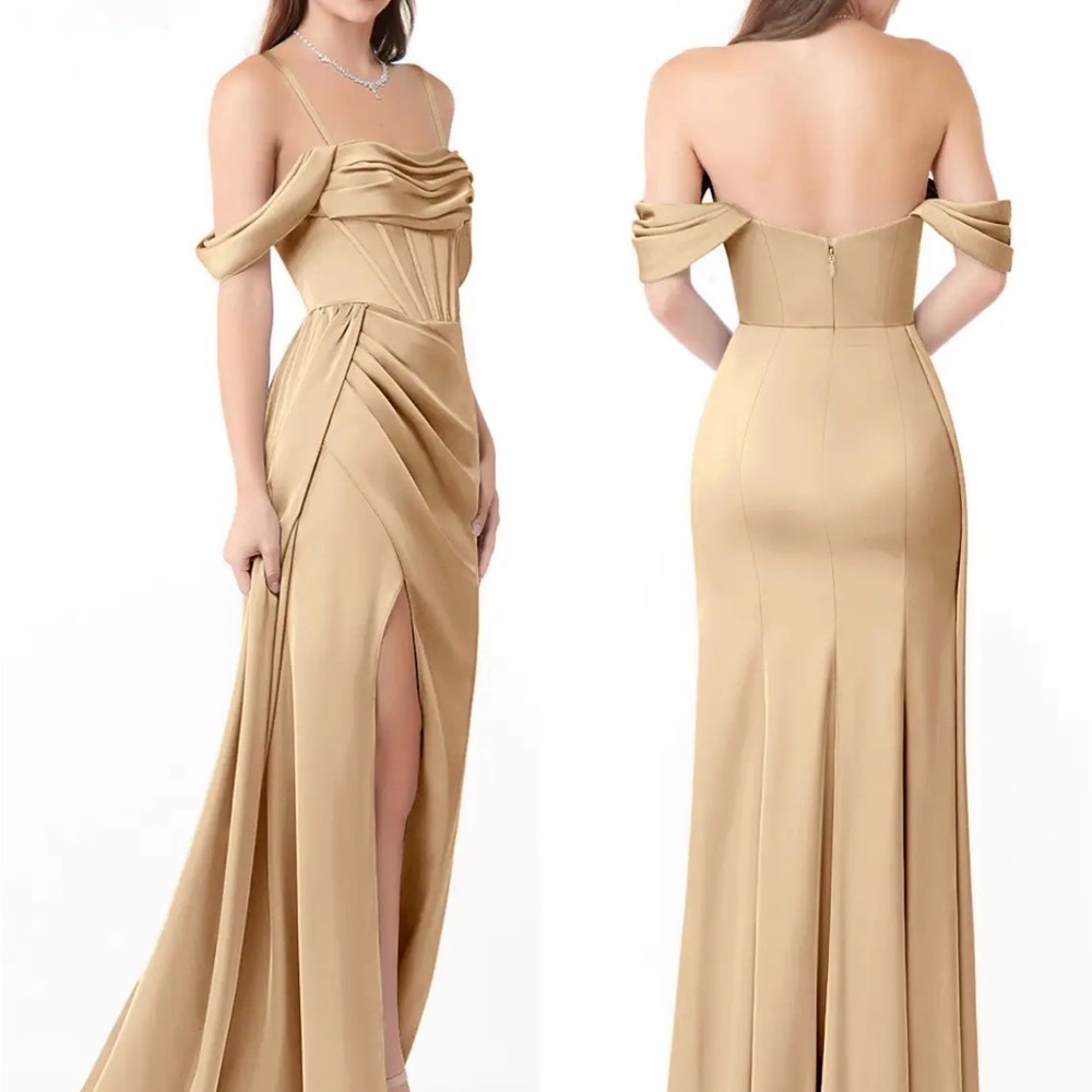 Azazie Elegant Tan Off-Shoulder Dress